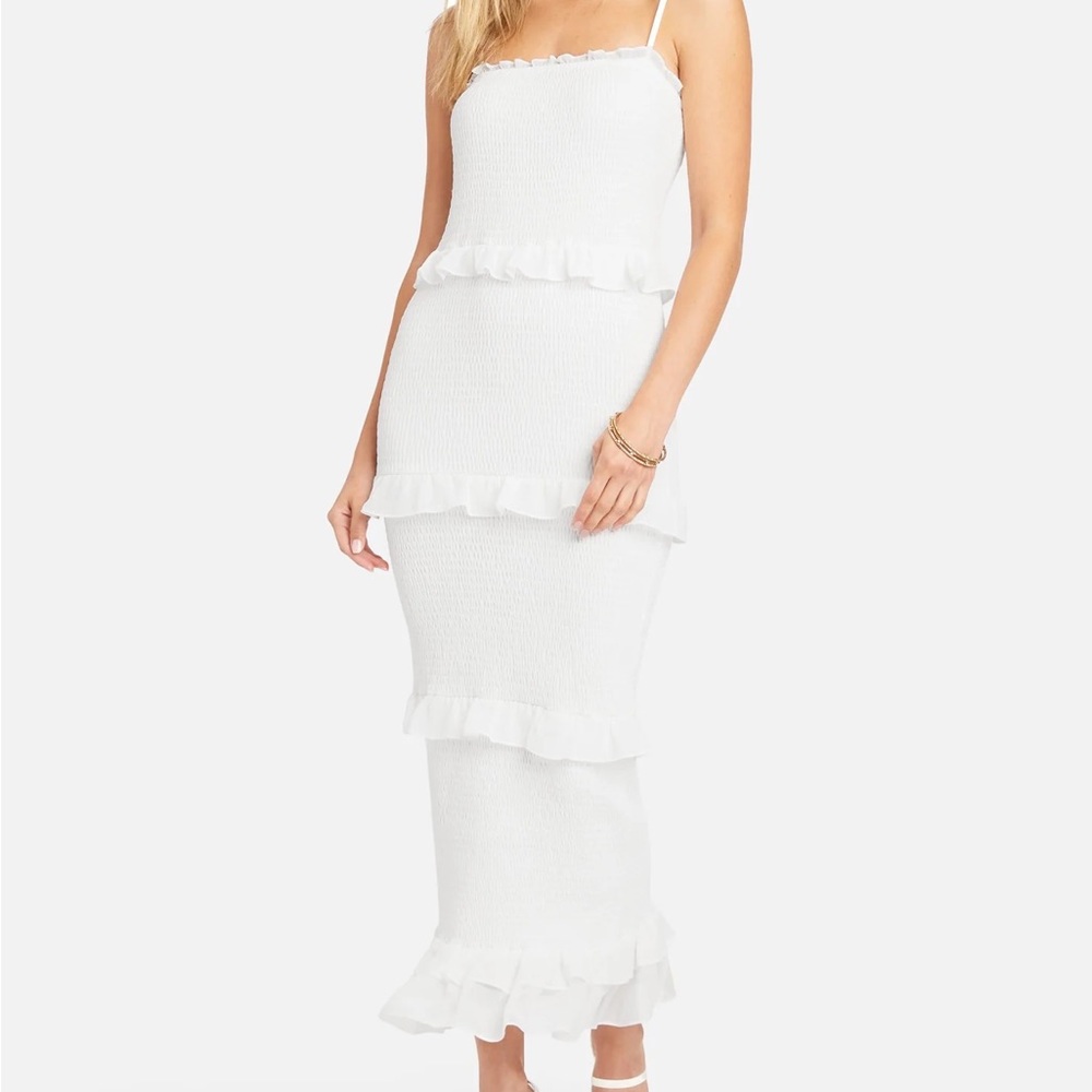 Georgette Smocked Midi Dress White | bebe